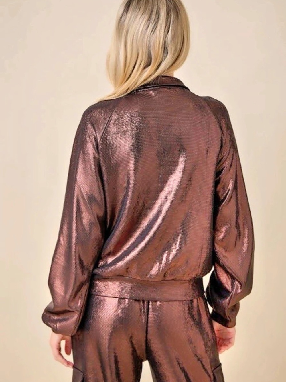 Metallic Bronze Brown Full-Zip Collared Jacket - Picture 3 of 8
